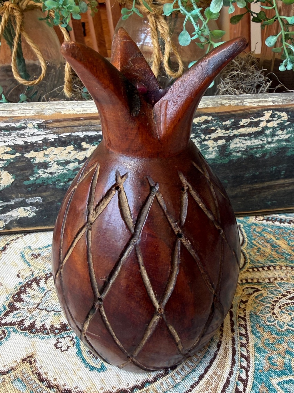 Hand Carved Wooden Pineapple Sculpture Bud Vase Tropical Folk Art Decor 7” VTG